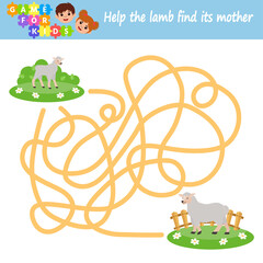 Maze game for children. Help the lamb find his mother a sheep. Developing kids attentiveness and spatial  thinking skills. Printable worksheet