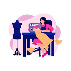 Seamstress. Tailor. Illustrations of sewing equipment and Sewing workshop. Create Outfit on Sewing Machine, Fashion Design Concept. Custom clothing and accessories, personal stylist