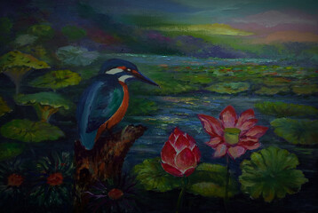 Naklejka premium hand painted original impressionism art painter painting oil color a kingfisher bird looking at the lotus flower from thailand