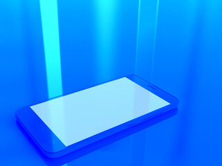Mock-up of smartphone lying on a reflective surface with rays of light - blue duotone - mobile phone - technology and communication - 3D rendering