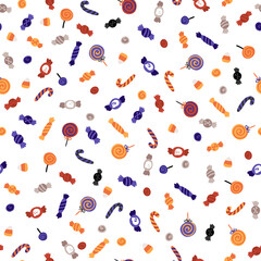 Halloween sweets seamless pattern. Vector illustration of candy in a simple hand-drawn style. The limited palette is ideal for printing fabrics, textiles, wrapping paper, packaging. White background.