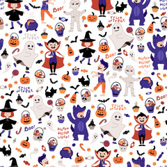 Halloween kids costume party seamless pattern. Children in various costumes. Vector illustration of Halloween characters, lettering, candy, and elements in cartoon hand-drawn style. White background.