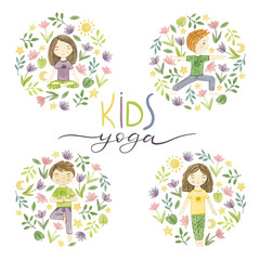 Kids yoga. Watercolor compositions, yoga poses boys and girls. 