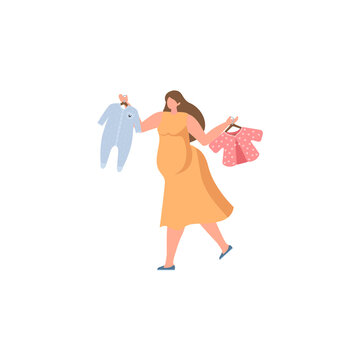 Beauty pregnant woman shopping, stylized vector symbol. Buying Things for Baby. Vector Illustration for concept for family planning center, logo, branding, advertising, poster, banner
