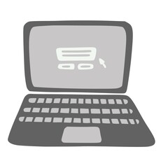 Open laptop in Doodle style. A blank monitor. Computer for work, study, and business. Electronic equipment for mobility. Hand drawn and isolated on a white background. Color vector illustration