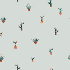 Seamless childish pattern with hand drawn cactuses in pots. Creative ethnic kids texture for fabric, scrapbooking, wrapping, textile, wallpaper, apparel.