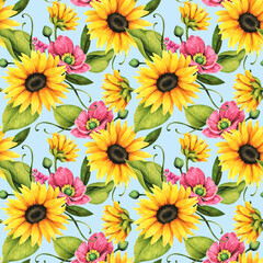 Fototapeta na wymiar Floral seamless pattern with decorative sunflowers, poppies and leaves. 