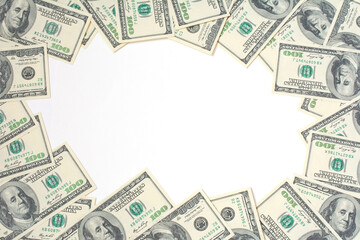 Frame made of money isolated on white background with copy space, different numbers. American hundred dollar bills.