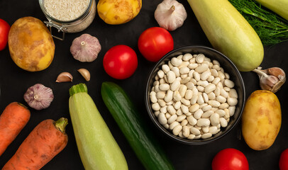 Raw white bean with fresh vegetables on black background. Vegetarian healthy food