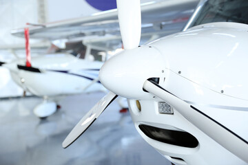 Airplane propeller closeup in hangar