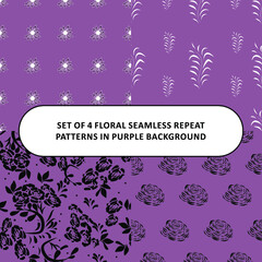 Set of 4 Purple Background Floral Pattern Seamless Vector Illustrator. Repeat Patterns
