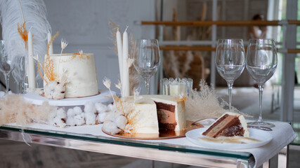 Beautiful wedding cake chocolate with chocolate cream inside and banana filling,