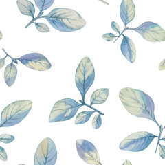 Seamless watercolor botanical pattern. Watercolor handdrawn background with leaves and branches. Spring or summer design for wallpaper, print, textile or greeting cards.