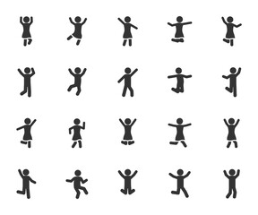 Vector set of happy people flat icons. Contains icons joyful, jumping, dancing, fun, celebrating, successful and more. Pixel perfect.