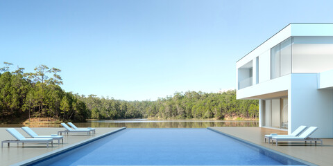 3D render of white modern house with swimming pool on lake background, Exterior with large window design.