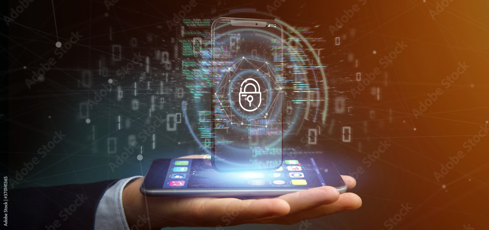 Wall mural businessman holding security data and smartphone security - 3d rendering
