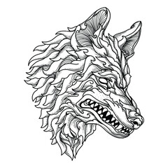 tattoo and t-shirt design black and white hand drawn wolf engraving ornament premium vector © astro