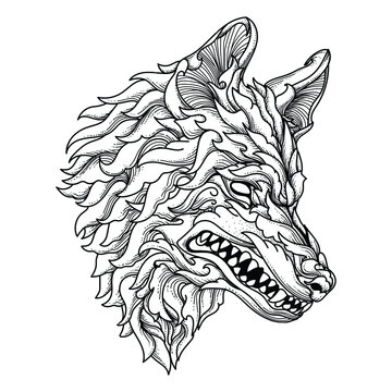 tattoo and t-shirt design black and white hand drawn wolf engraving ornament premium vector