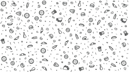 Abstract Doodle Hand Drawn Fast Food Elements Pizza Hamburger Snack Drink Croissant Sketch Vector Design Style Background Menu Illustration