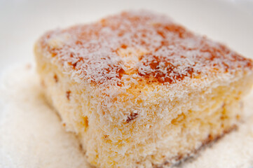 Traditional Brazilian dessert (known as Bolo Gelado) - Making step by step: Close-up of cake piece with grated coconut. Selective focus.