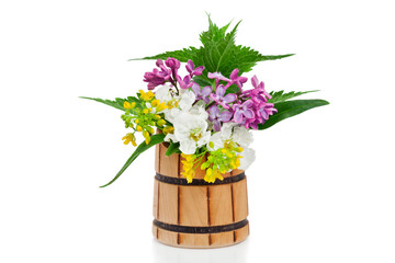 Hawthorn, lilac and bittercress flowers with leaves in a wooden vase isolated on a white background. 