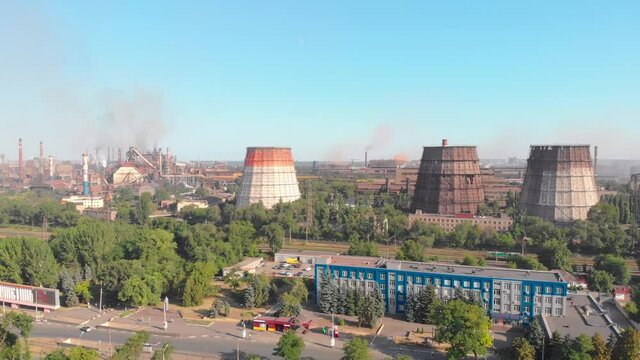 Steel plant aerial manufacturing drone right camera movement Krivoy Rog Ukraine