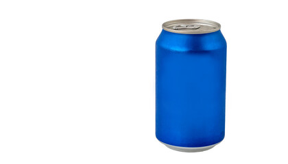 Aluminum can in blue color isolated on white background,canned with water drops.