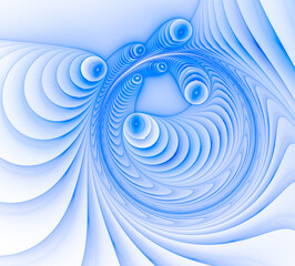 The blue circles are arranged in a spiral and create an interesting pattern on a white background. 3d rendering. 3d illustration. Abstract fractal background.