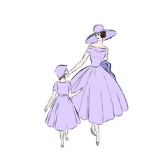 Mother and daughter stand together. Vintage lady. Hand drawn happy family. 