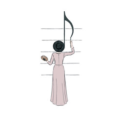 Woman artist in hat standing with her back draws note. Hand drawn vector drawing for illustration's book