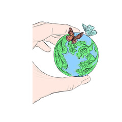 Hand holds planet. Ecology and environmental protection theme