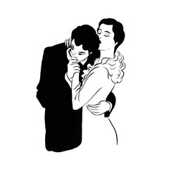 Lady and gentleman. Hand drawn couple in vintage style from the nineteenth century. Retro people. 