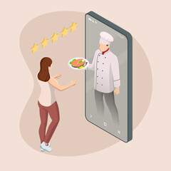 Isometric Online cooking classes concept. Online ordering food in a restaurant