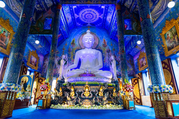 Wat Rong Suea Ten or the Blue Temple is above all its magnificent blue interior at Chiang Rai, Thailand
