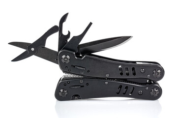 Side view of portable EDC knife with open screwdriver, saw, scissors, and opener isolated on white background