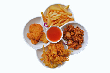 Yummy appetizer and chili sauce tray on white background