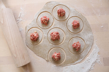The process of cooking meat dumplings, top view