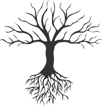 Hand drawn black icon of an isolated tree with roots. The element for decoration, emblems, logo