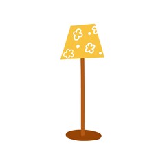 Floor lamp with a flower shade. Lighting device for the house.A simple, cute hand-drawn drawing. Hygge, a cozy home, comfort environment. Isolated on white. Color vector illustration.Doodle style