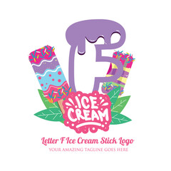 Purple Letter F Delicious Melting Ice Cream Sticks Logo on White Background. Vector Flat Modern Style. Colorful Logo in Cartoon Style Illustration for Ice Cream Shop Café and Restaurant
