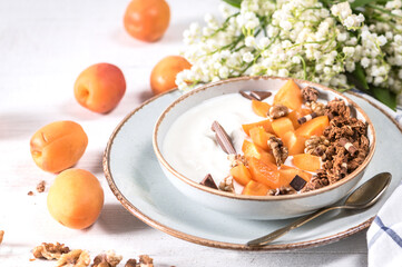 Healthy breakfast with granola, chocolate, apricots and yogurt