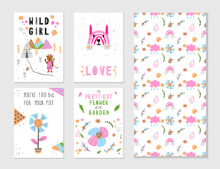 Cute scandinavian print set with seamless pattern. Hand drawn vector. Kids wall art, prints, baby shower, greeting cards, birthday card, t-shirt. Modern illustration.