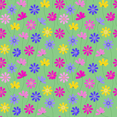 Cosmos flowers. Seamless vector pattern. Abstract flower pattern for packaging, design, wallpaper, fabric. Cosmos on a green background.