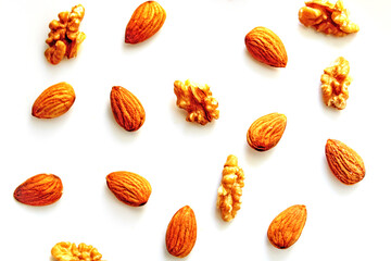 nuts on white background, almonds and walnuts