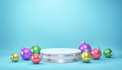 Podium, product stand with christmas balls on blue background