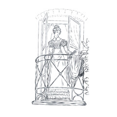 Woman in 19th century style stands on the balcony. Hand draw linear graphic. Vintage woman.