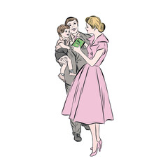Happy family. Mother, father and son. Hand drawn vector. Clip art. 