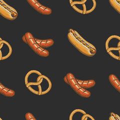 Oktoberfest celebration pattern with pretzel and sausage in sketch style. Seamless background for menu. Hand made lettering. Design for wallpaper, web page background, surface textures