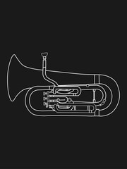 Simple white line drawing of outline Euphonium musical instrument on a black background. For student education, illustration for dictionary musical schools