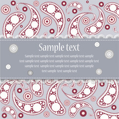 Card template with Paisley pattern in gray and maroon tones, vector